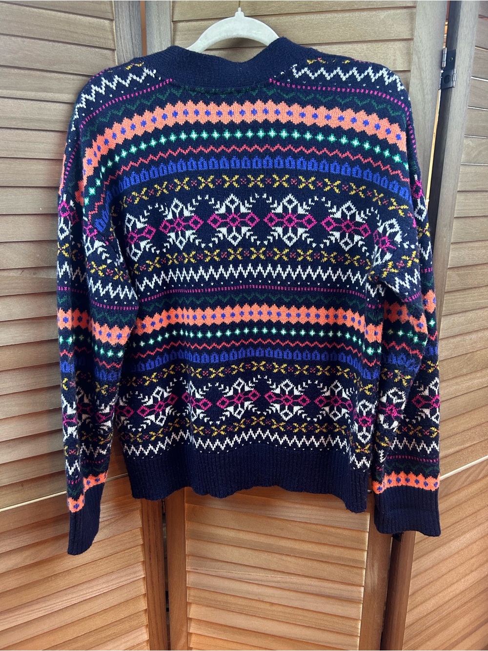 Talbots Fair Isle Cardigan Sweater Large Navy Multicolor Button Front Cozy - Picture 6 of 8
